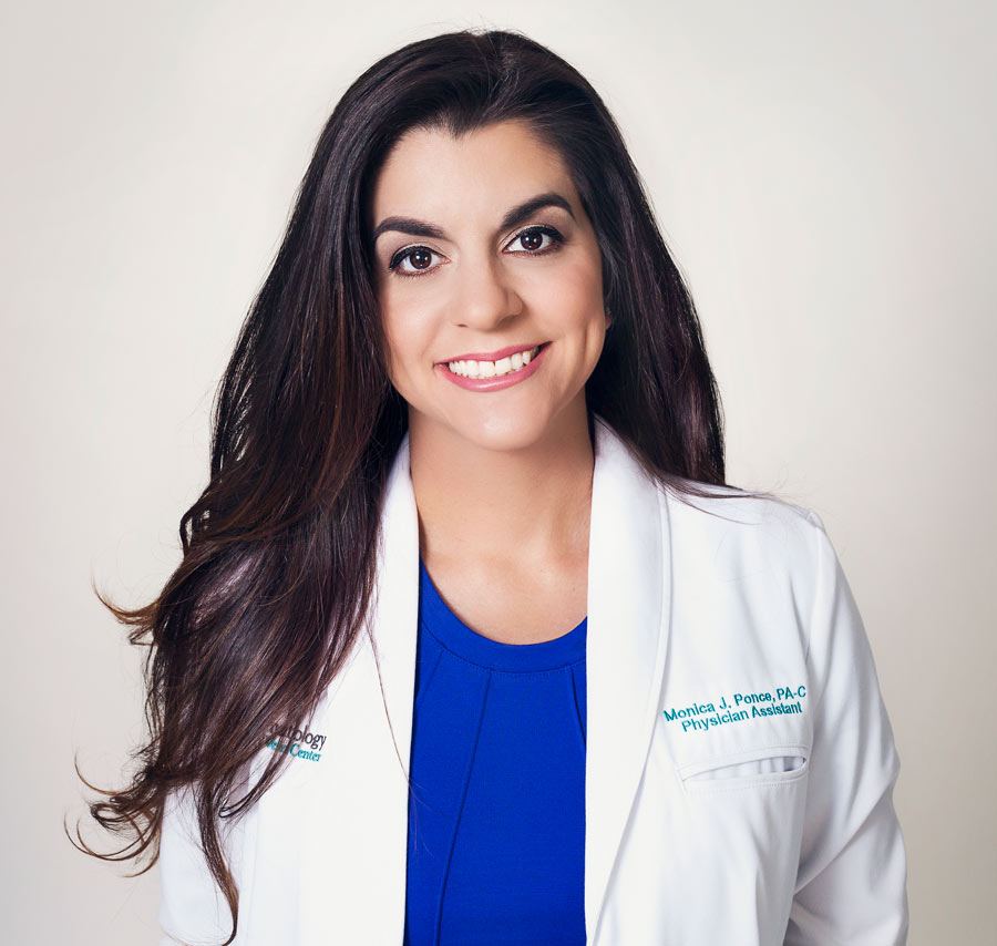 Photo of certified physician assistant Monica Ponce, PA-C, trained to diagnose and treat a variety of skin conditions in adults and children including acne, warts, atopic dermatitis, skin cancer and psoriasis.
